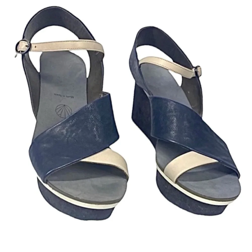 Coclico Guya Women’s Blue Leather Wedge Sandals Made in Spain 10.5 M